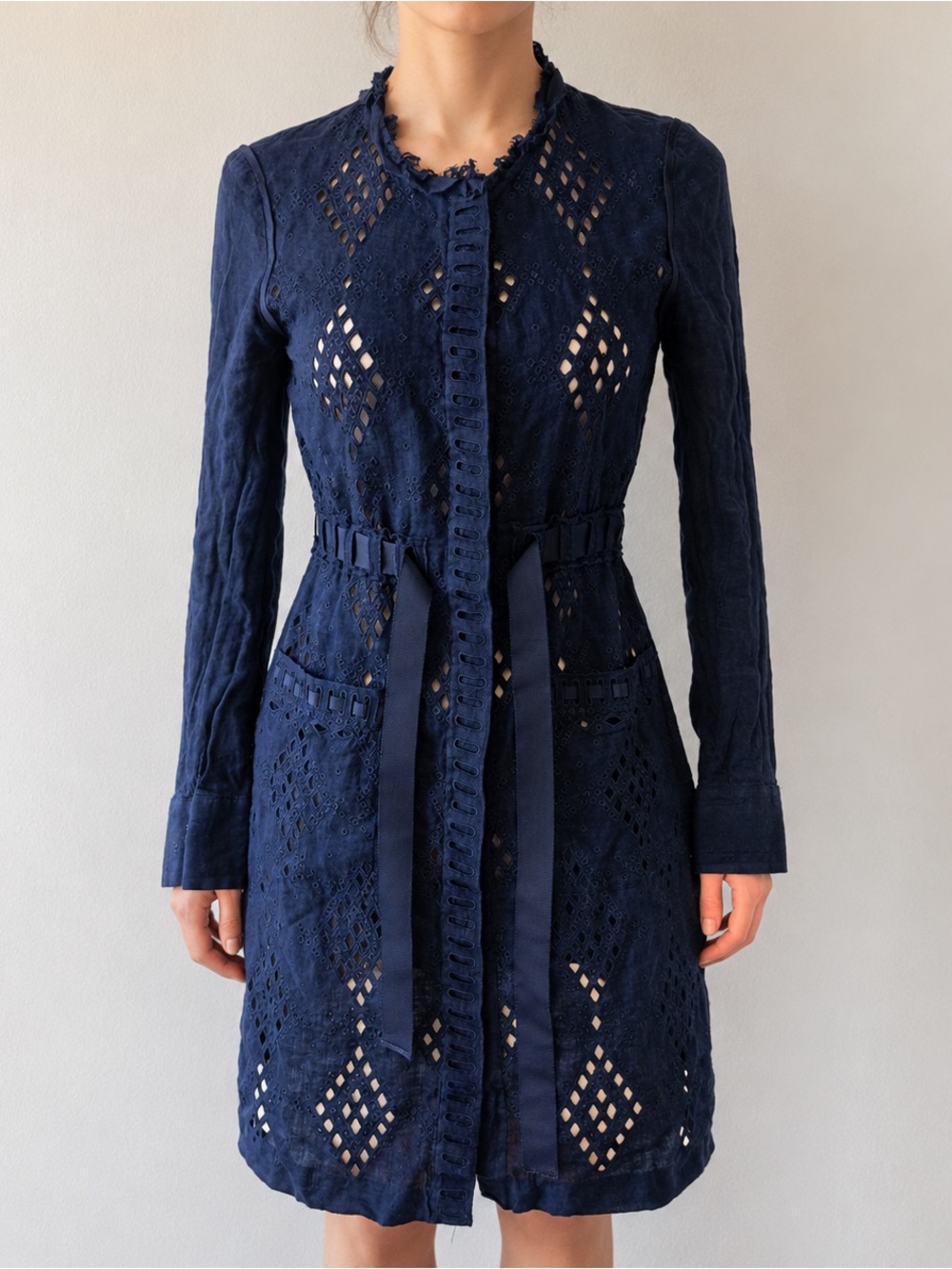 Elie Tahari Navy Linen Cutwork Coat Dress Whimsigoth Size 4